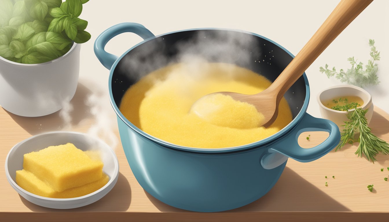 A steaming pot of creamy polenta being stirred with a wooden spoon, with steam rising from the surface, and a sprinkle of herbs being added for flavor