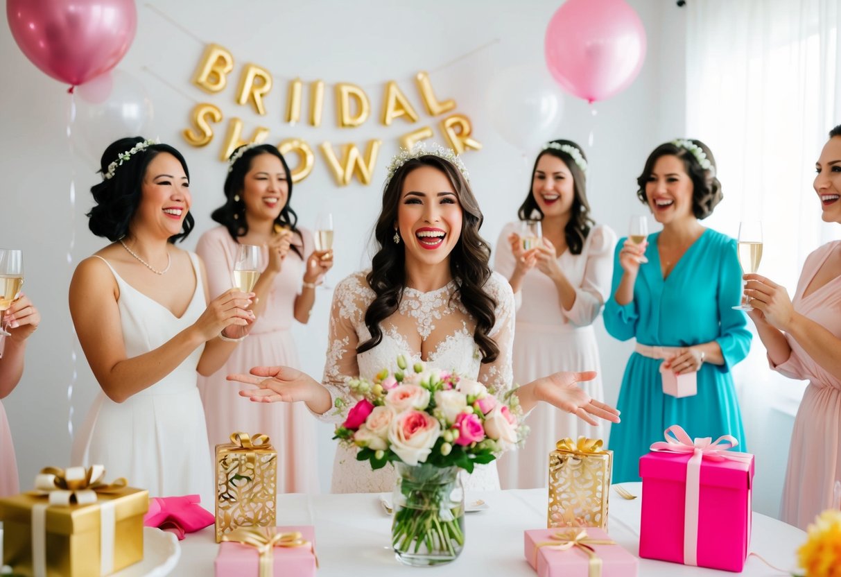 A joyful bridal shower scene with elegant decorations, gifts, and a celebratory atmosphere