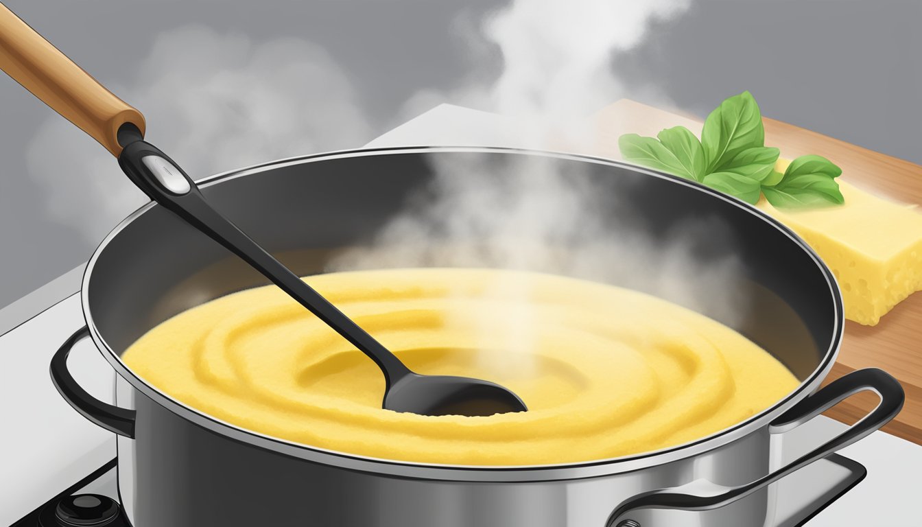 A pot of creamy polenta being reheated on a stovetop, with a wooden spoon stirring the mixture as steam rises from the pot