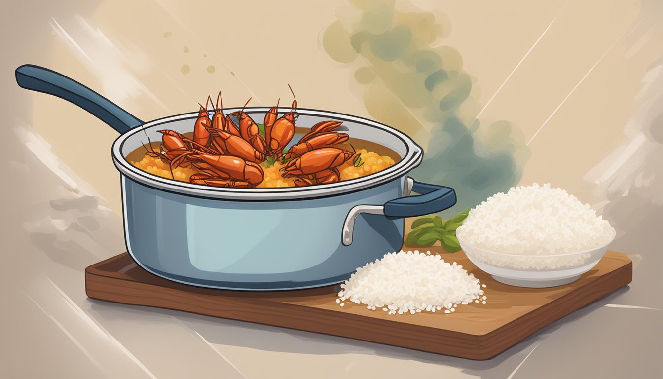 A pot of reheated crawfish étouffée simmers on a stovetop, steam rising as the rich aroma fills the kitchen. A wooden spoon stirs the savory mixture, ready to be served over a bed of fluffy white rice