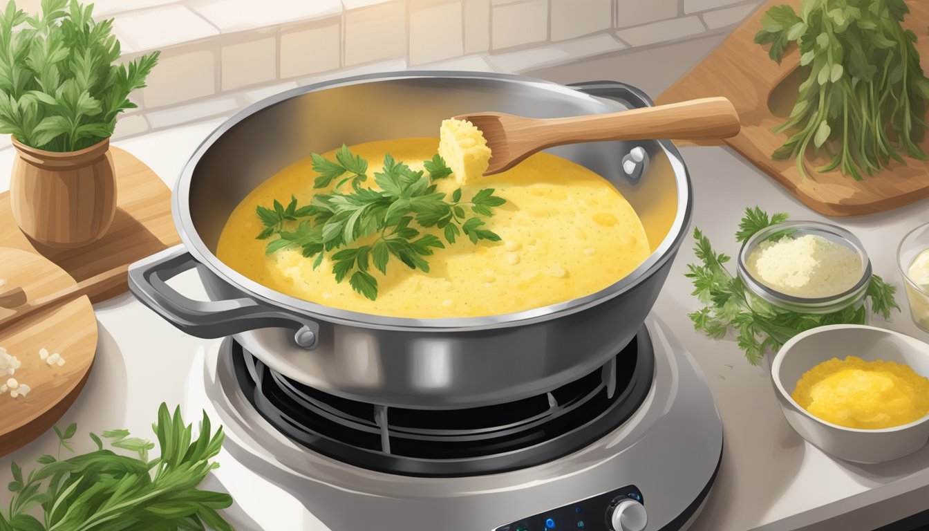 A steaming bowl of creamy polenta being reheated on a stovetop, surrounded by fresh herbs, a drizzle of olive oil, and a sprinkle of Parmesan cheese