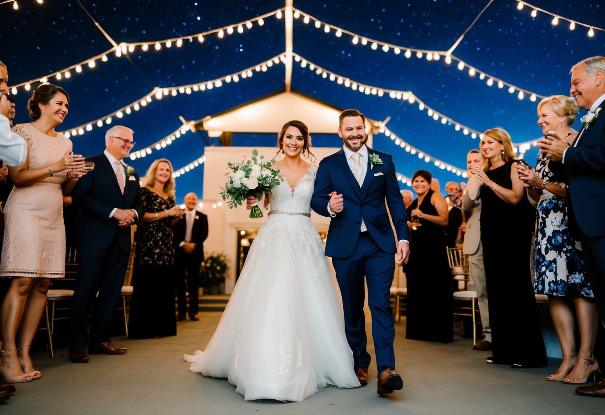 The bride and groom exit the reception hall under a starry night sky, surrounded by twinkling lights and well-wishing guests