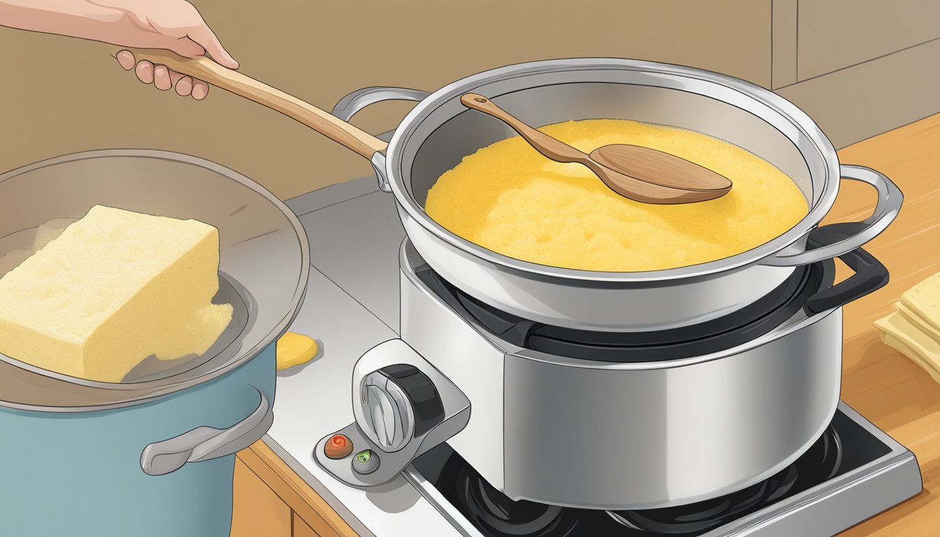 A pot of creamy polenta being reheated on a stovetop, with a wooden spoon stirring the mixture to maintain its creamy texture