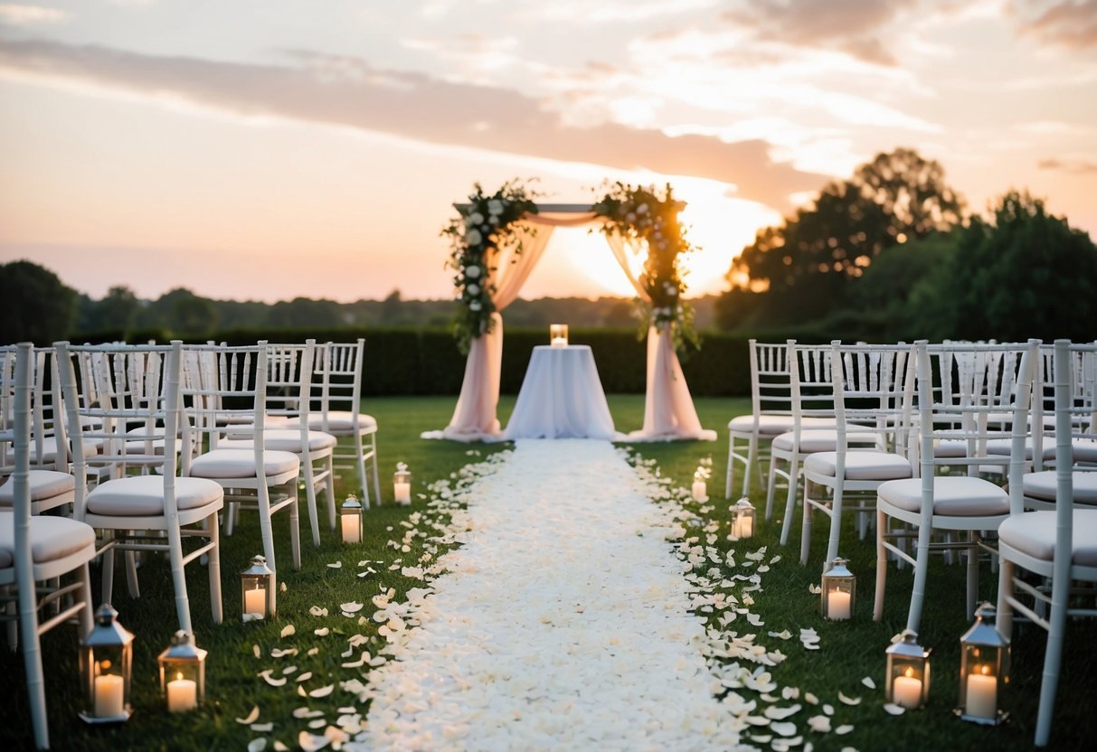 As the sun sets, a trail of flower petals leads from the ceremony site to the reception hall, where twinkling lights and music await
