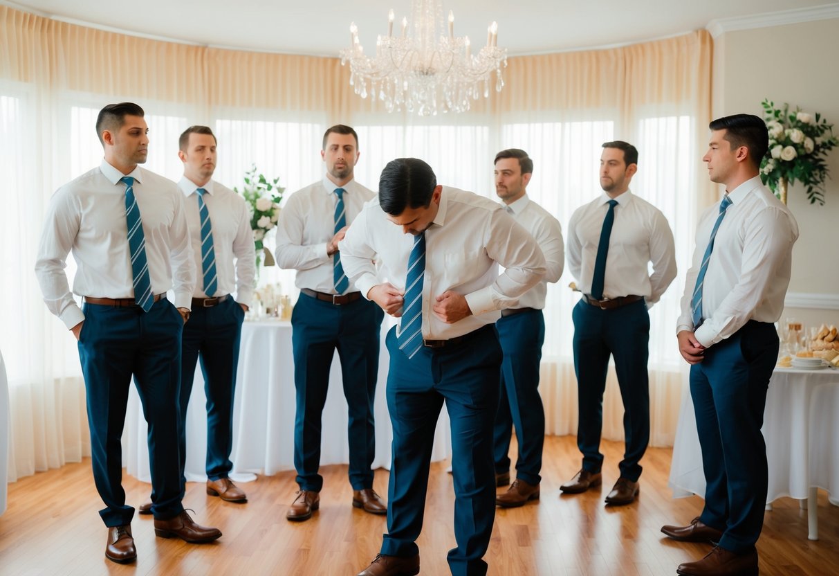 A group of male figures standing around a bridal shower venue, looking uncomfortable and out of place