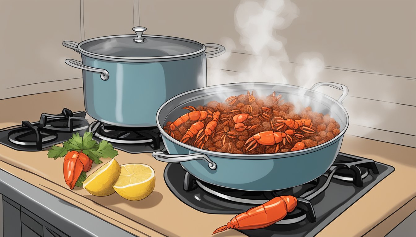 A pot of crawfish touffe being gently reheated on a stovetop, steam rising from the rich, flavorful mixture as it simmers