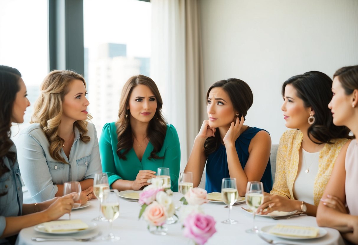 A group of friends discussing bridal shower plans, with one person looking hesitant and shaking their head
