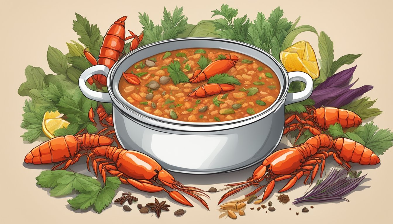 A steaming pot of reheated crawfish étouffée, surrounded by a colorful array of spices and herbs, with a hint of steam rising from the dish