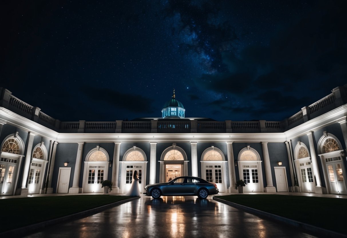 The night sky above a grand reception venue, with a sleek car waiting at the entrance, ready to whisk the bride and groom away
