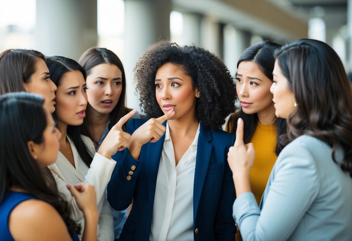 A group of women gossiping and pointing at a woman, while another woman looks disapprovingly at them