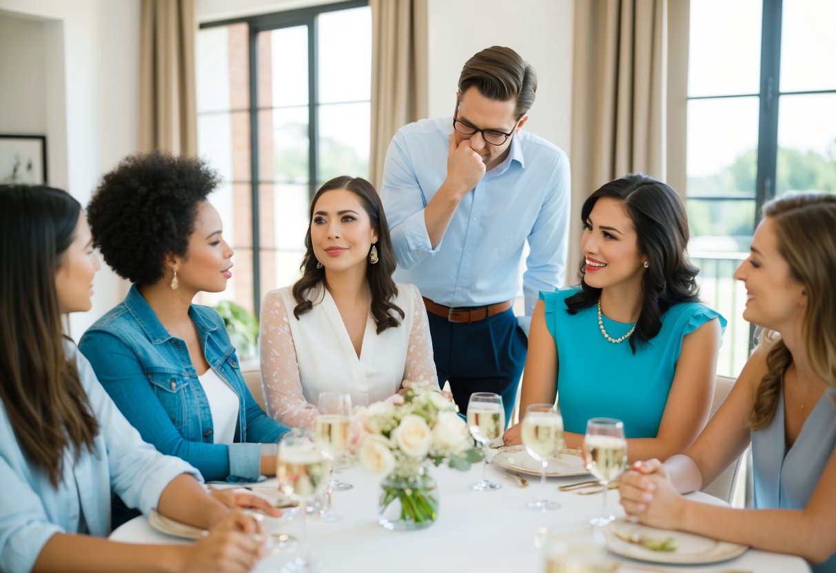 A group of friends discussing bridal shower plans, with one person shaking their head in disagreement