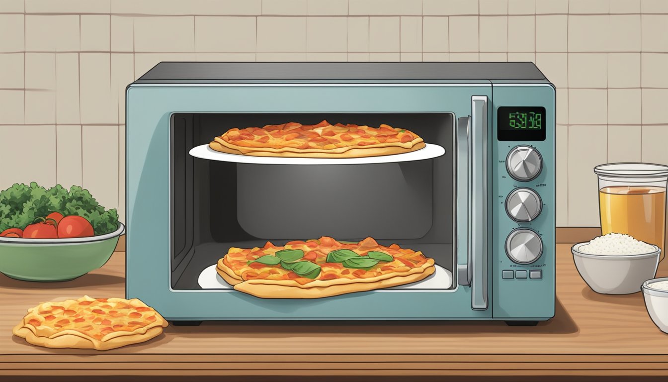 A microwave with a plate of crab rangoon pizza inside, rotating as it heats up