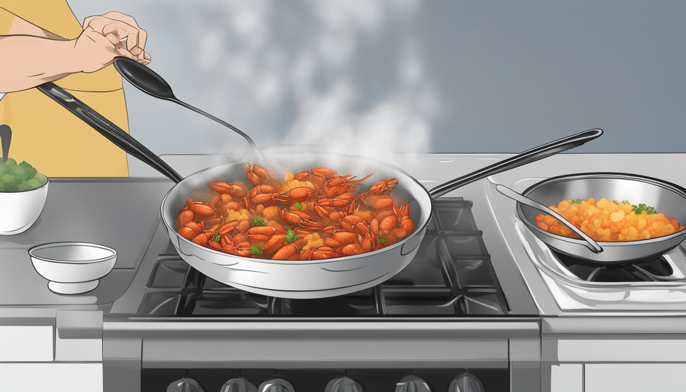 A pot of crawfish touffe being gently reheated on a stovetop, steam rising from the bubbling mixture as a cautious cook uses a spoon to stir