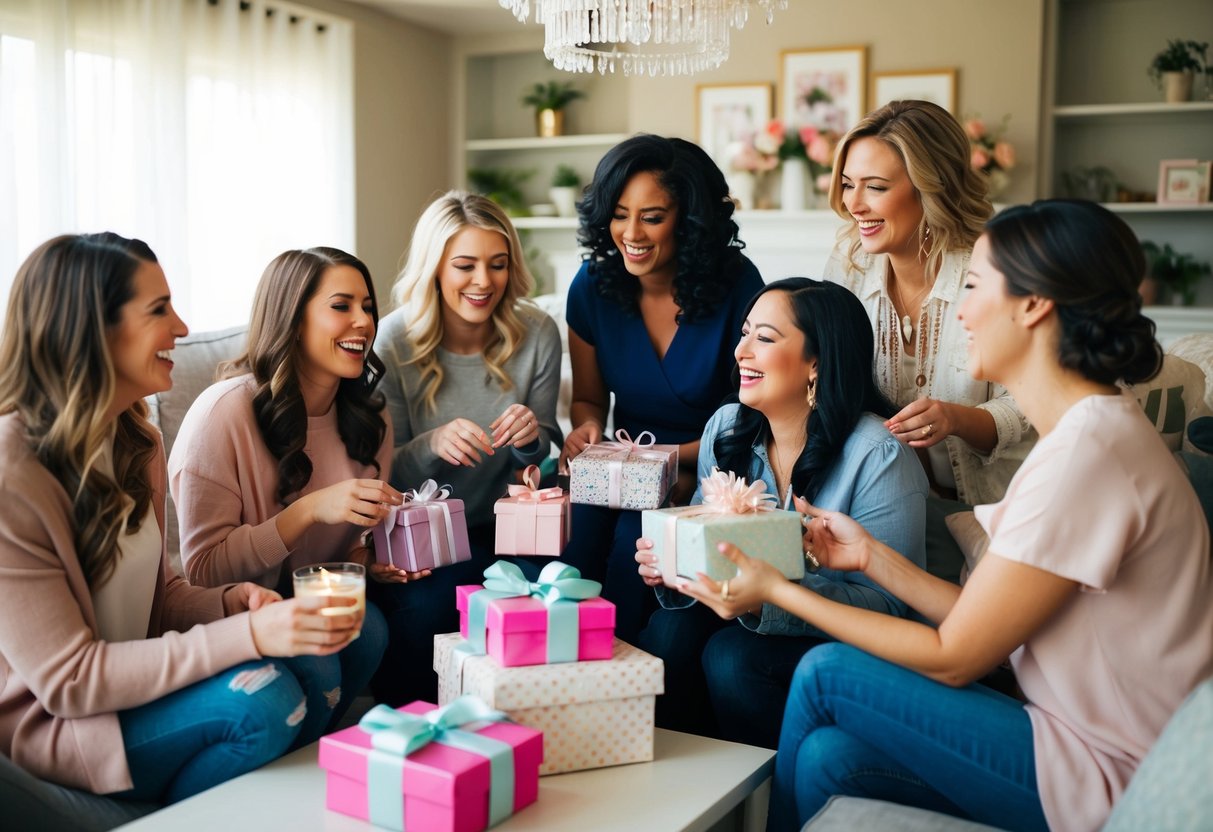 A group of women gather in a cozy living room, chatting and laughing as they open gifts and enjoy refreshments at a bridal shower