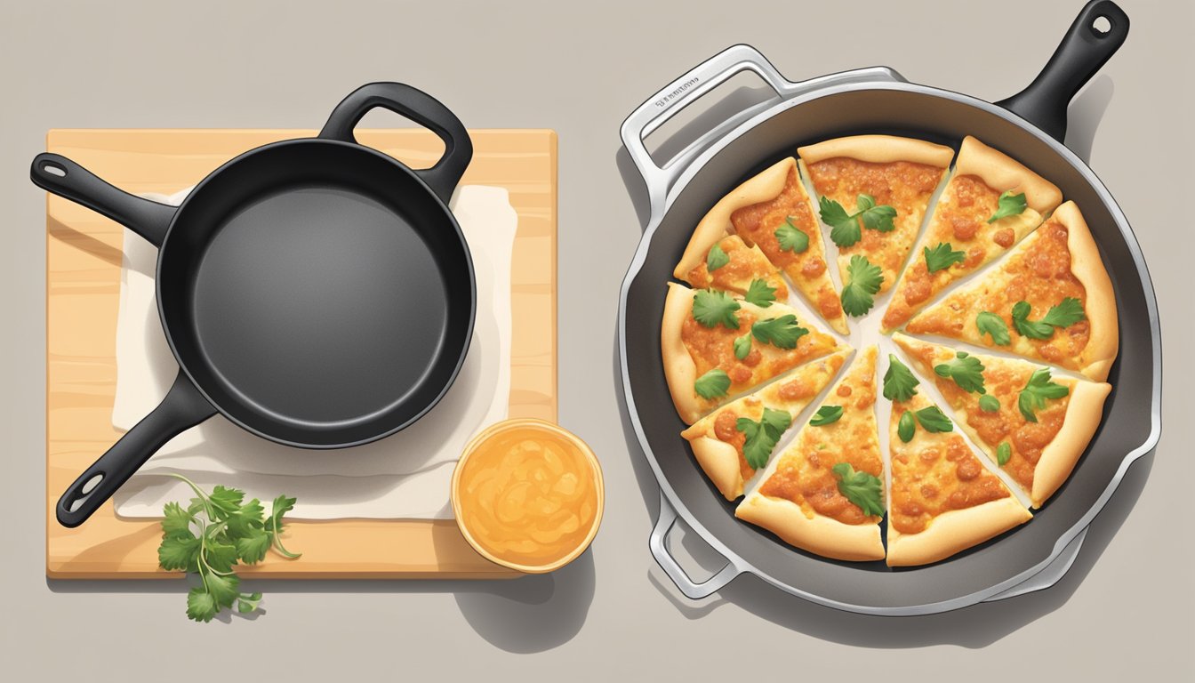 A slice of crab rangoon pizza sizzling in a pan on the stovetop