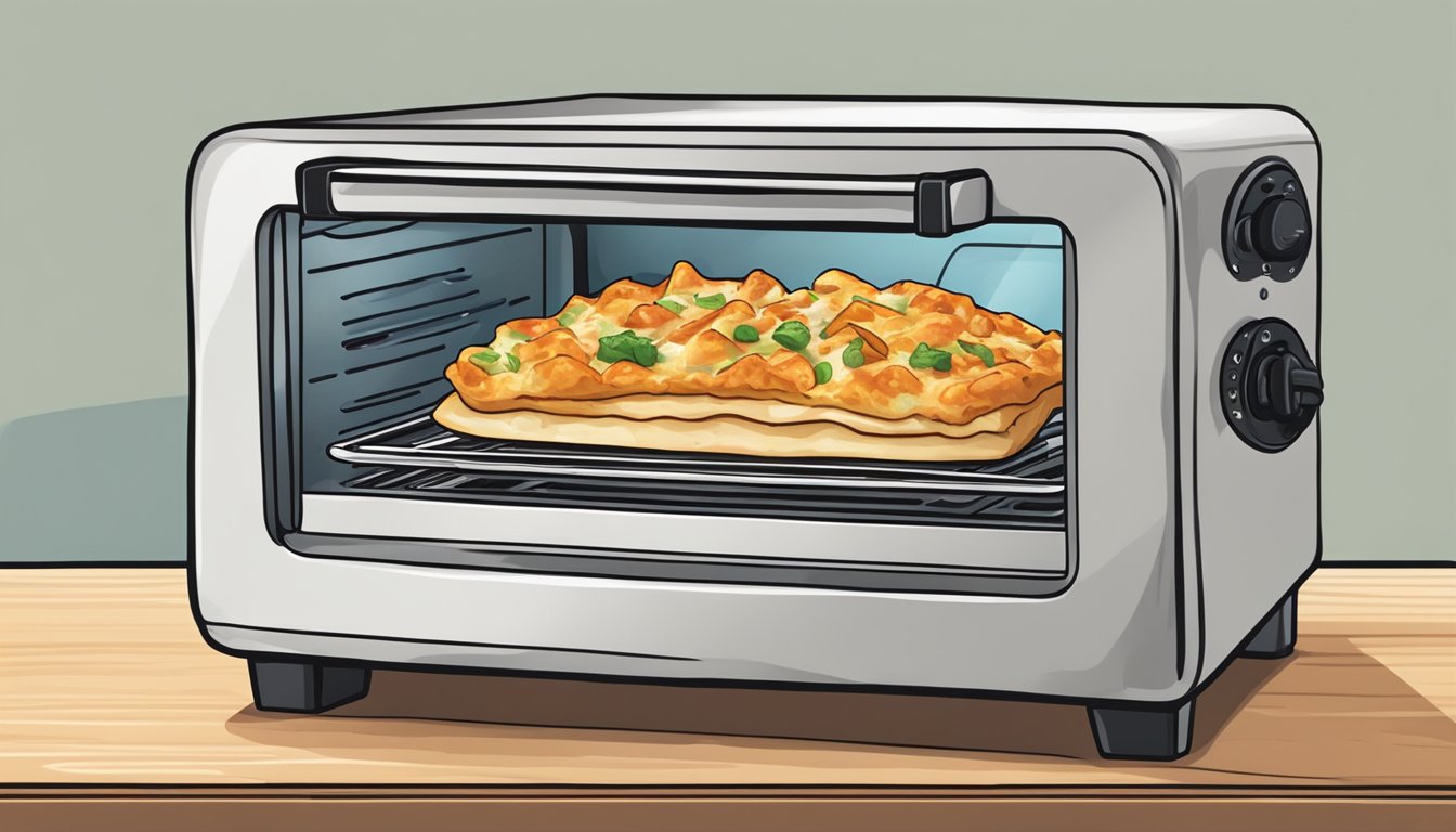 A slice of crab rangoon pizza being reheated in a toaster oven