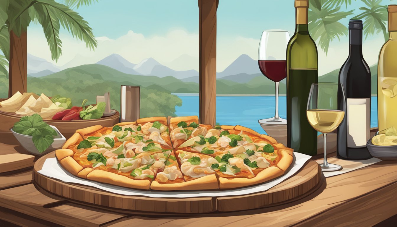 A steaming hot crab rangoon pizza sits on a wooden cutting board, surrounded by a variety of wine glasses and a bottle of white wine