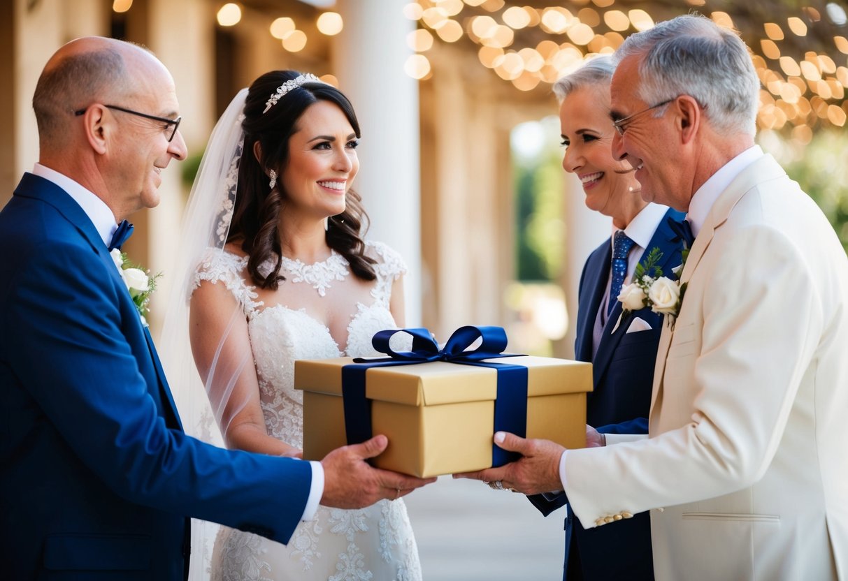 The parents of the bride present a gift to the newlyweds, symbolizing their love and support for the couple's future together