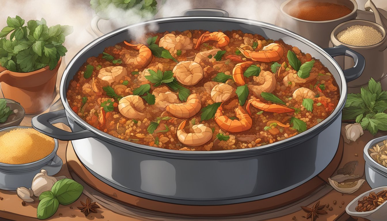 A steaming pot of creole jambalaya sits on a stovetop, surrounded by various spices and herbs. Steam rises from the dish, emphasizing its rich texture and quality