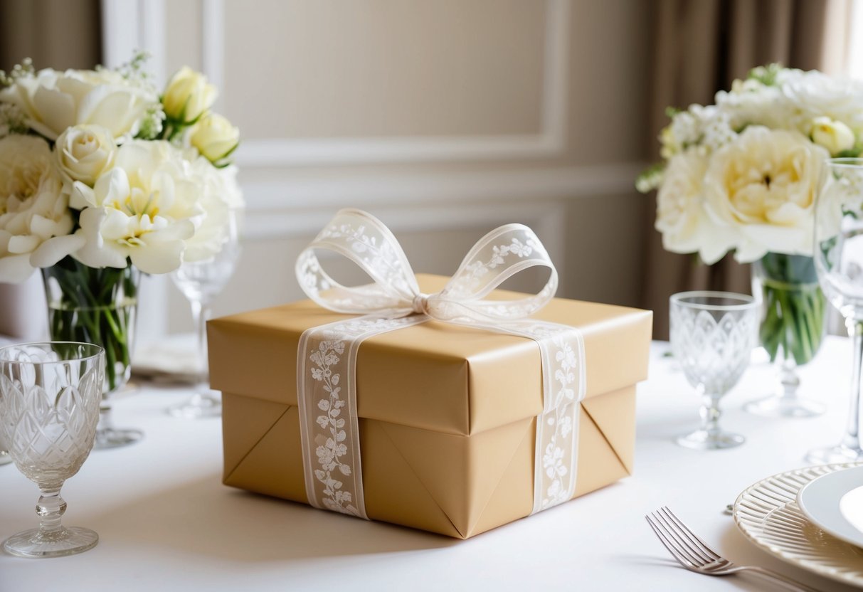 A beautifully wrapped gift box with a delicate bow sits on a table, surrounded by elegant wedding decor