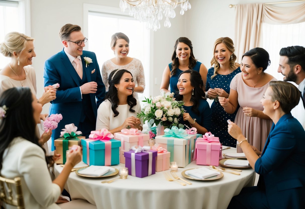 A group of wedding guests gather around a table filled with gifts, chatting and laughing as they celebrate the bride-to-be at her bridal shower