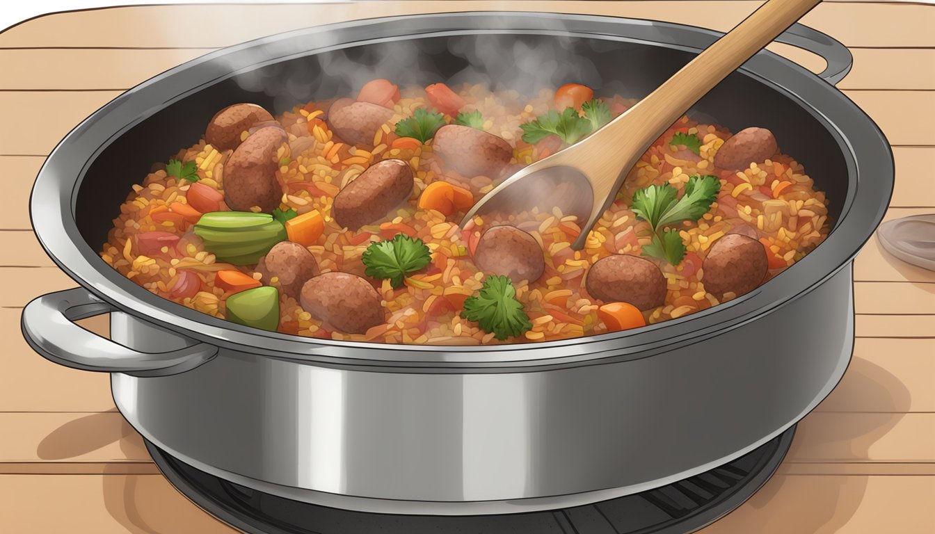 A pot of jambalaya on a stovetop, steam rising as it heats. A wooden spoon stirring the mixture, with chunks of sausage and vegetables visible