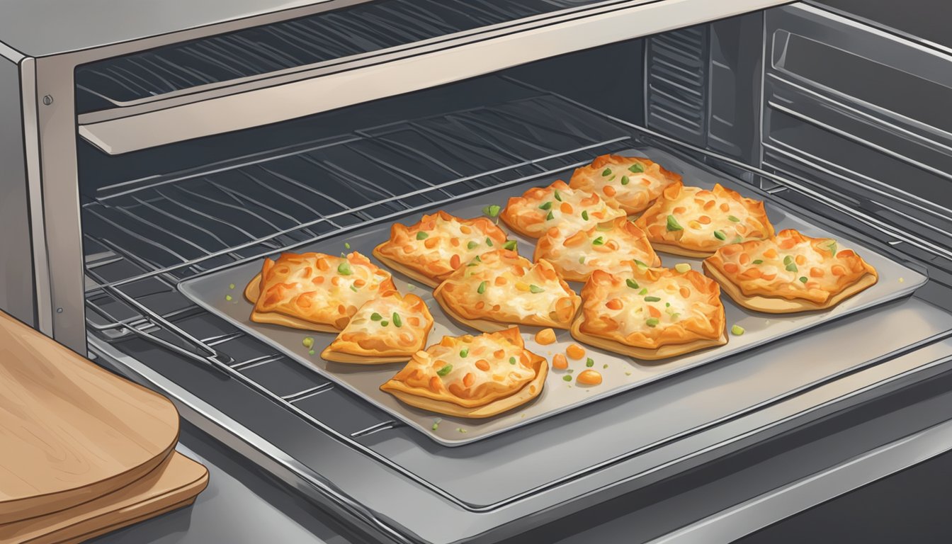 A slice of crab rangoon pizza being reheated in the oven on a baking sheet