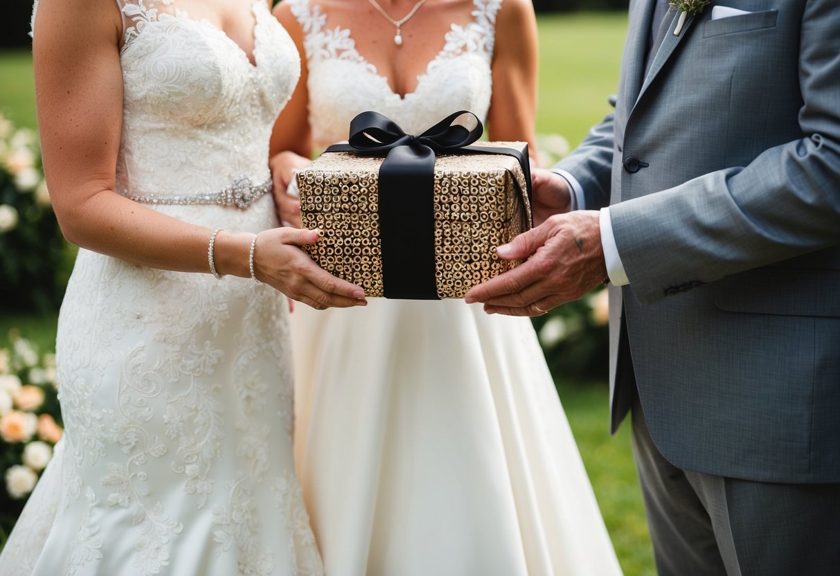 The bride's parents present a beautifully wrapped gift to the newlyweds, symbolizing their love and support
