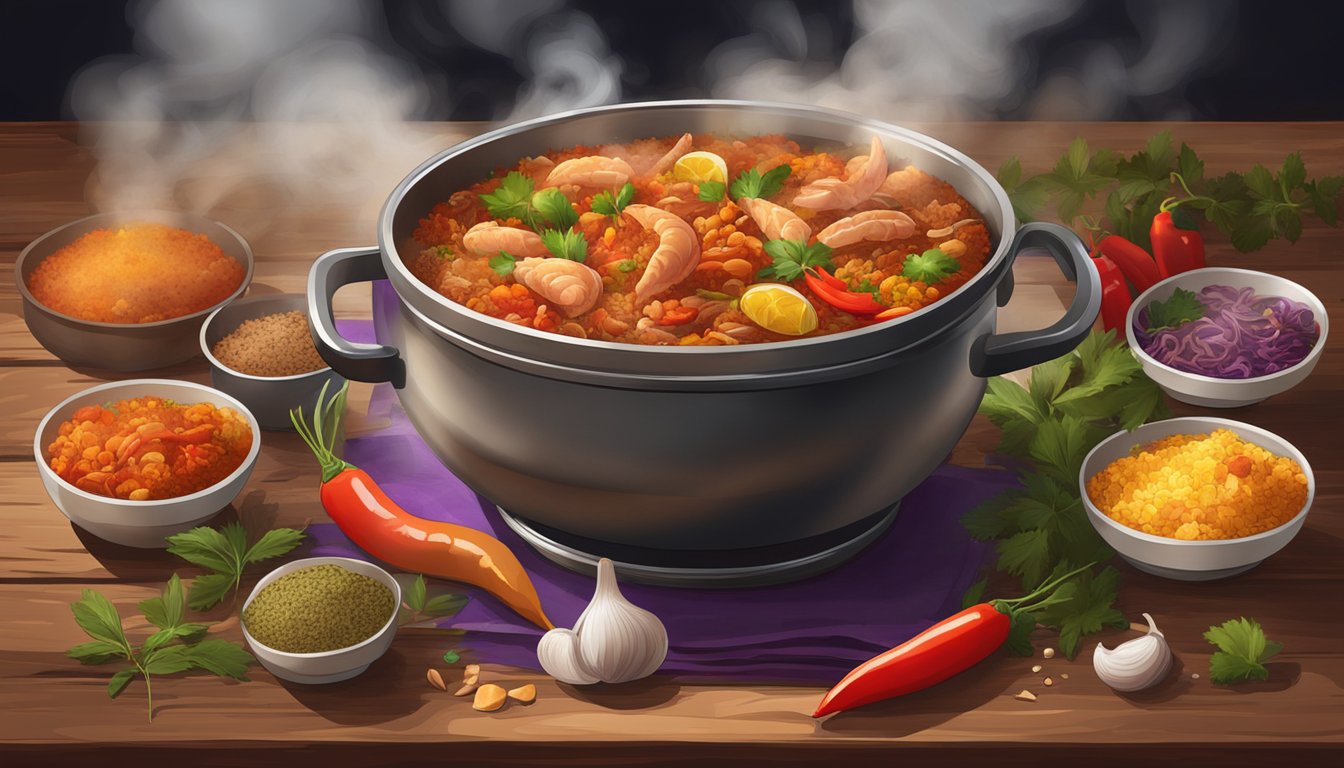 A steaming bowl of jambalaya sits on a rustic wooden table, surrounded by colorful spices and herbs. Steam rises from the dish, filling the air with the rich aroma of Creole cuisine