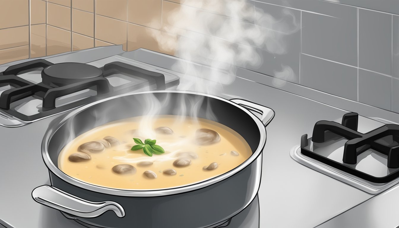 A pot of cream of mushroom soup being gently reheated on a stovetop, steam rising from the surface as it simmers