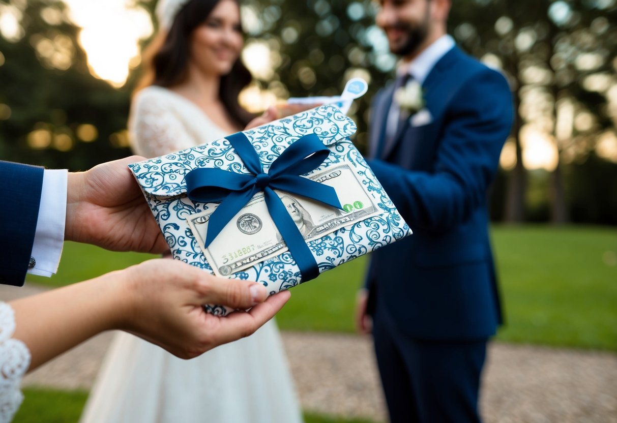 A decorative envelope with a ribbon containing a monetary gift is being handed over to a couple