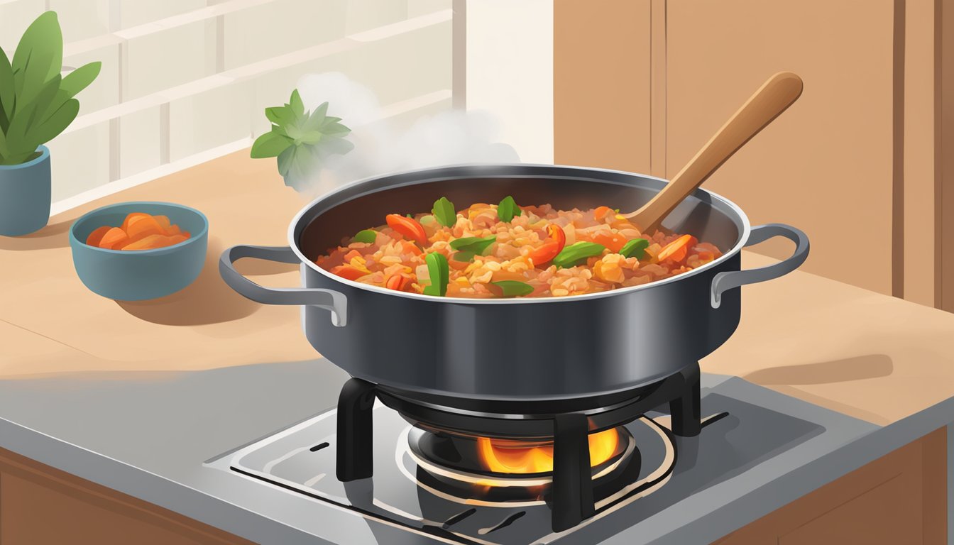 A steaming pot of creole jambalaya being reheated on a stovetop, with a wooden spoon stirring the flavorful mixture