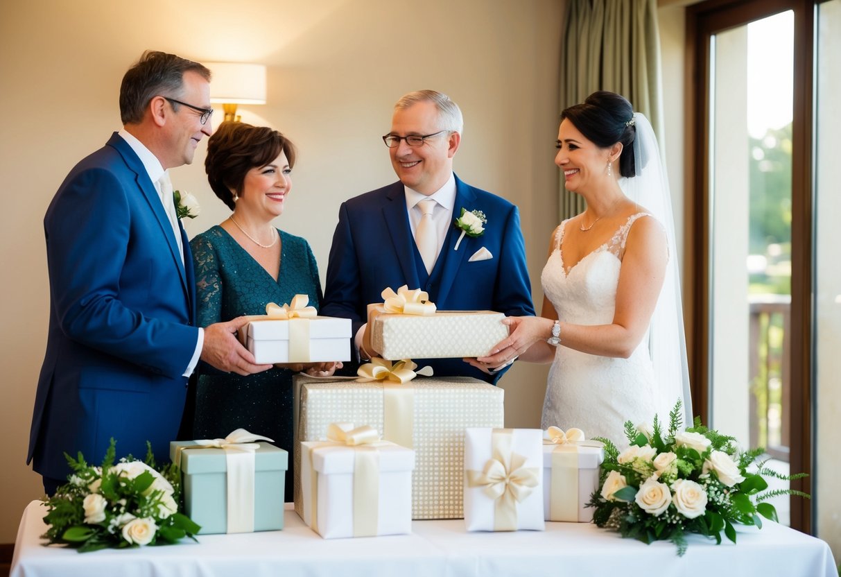 The parents of the bride present a beautifully wrapped gift from the wedding registry at the couple's coordinated gift table