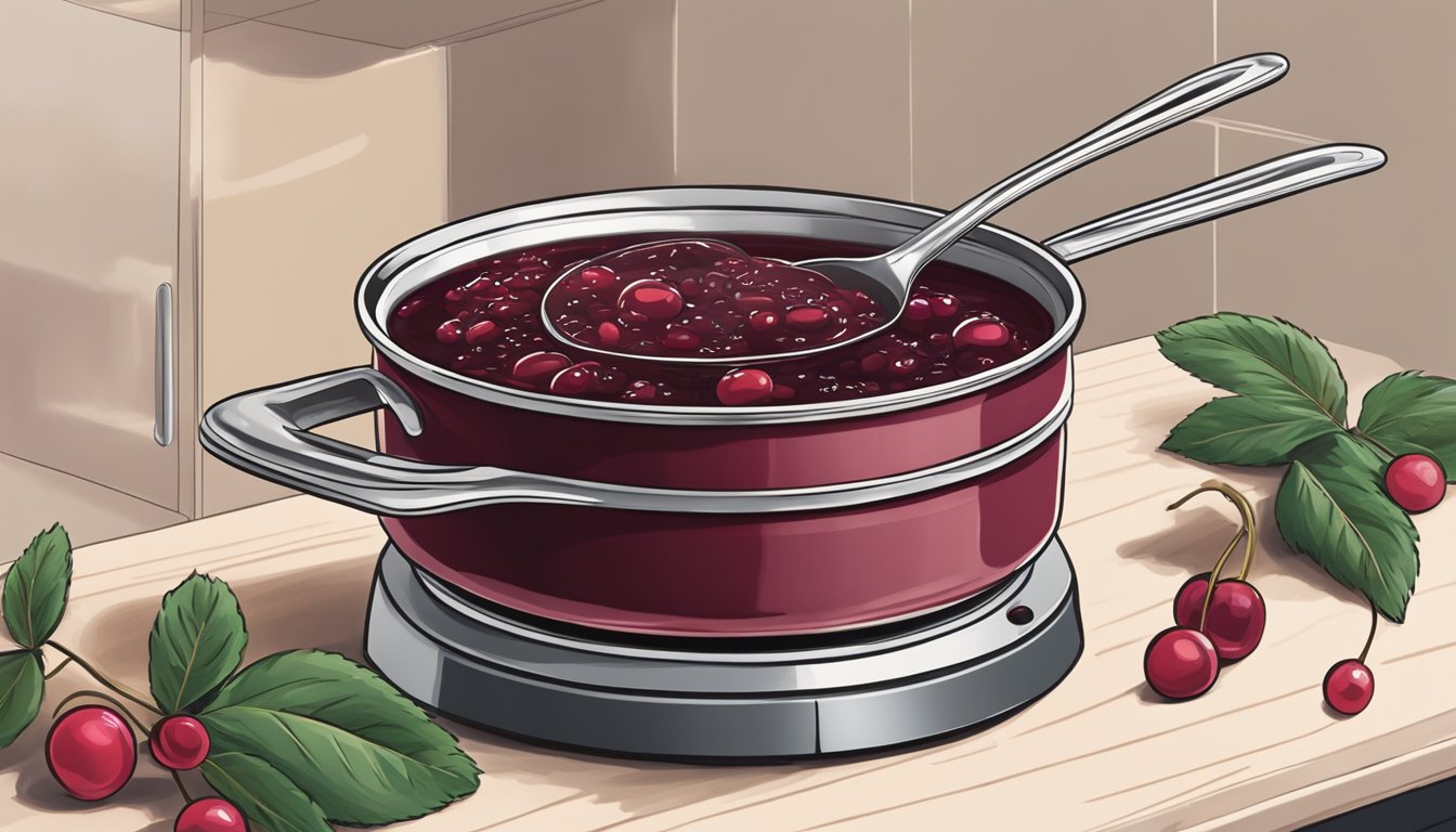 A small pot on a stovetop, with a spoon stirring cranberry sauce over low heat