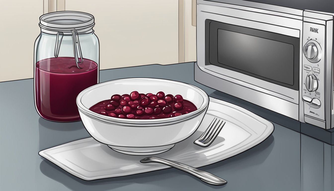 A small bowl of cranberry sauce sitting in a microwave next to a plate and a fork