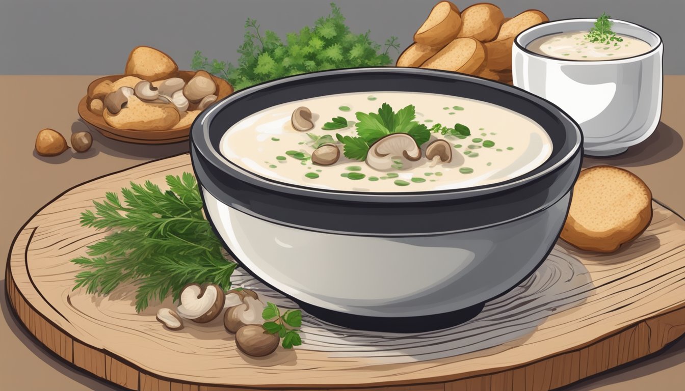 A steaming bowl of cream of mushroom soup being garnished with a sprinkle of fresh herbs and a drizzle of cream before being served on a wooden tray