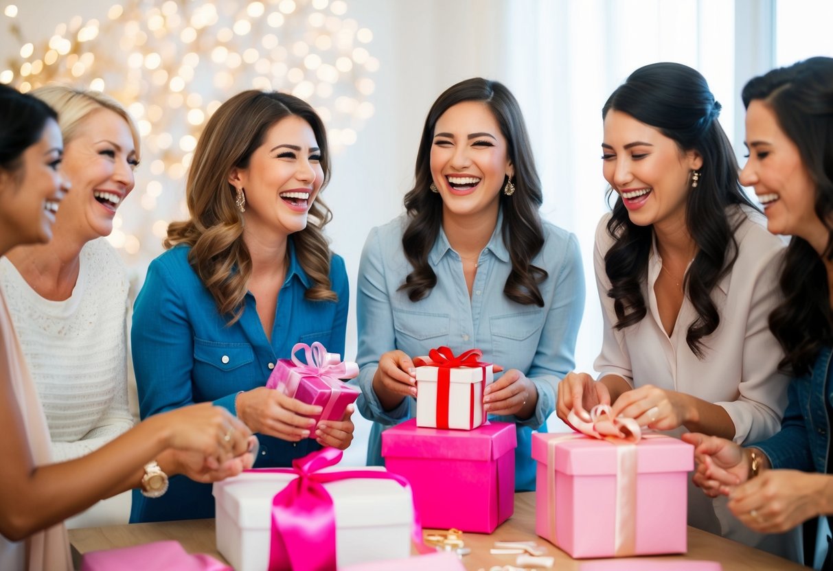 A group of women laughing and chatting while opening gifts and playing games at a bridal shower