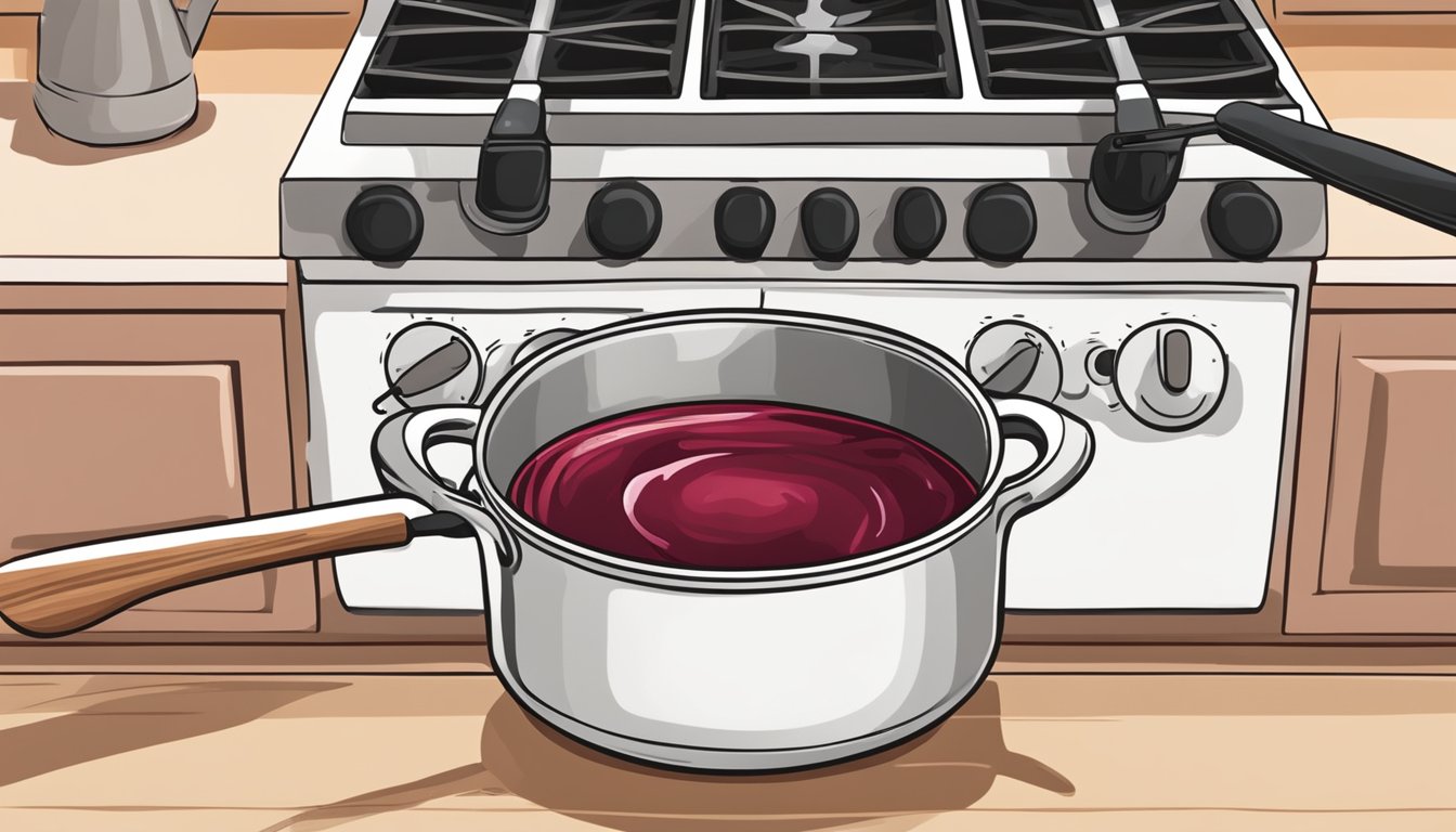 A small pot of cranberry sauce sits on a stovetop, being gently heated over a low flame. A wooden spoon stirs the sauce as it warms