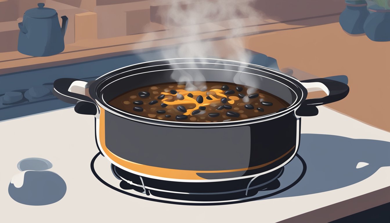 A pot of Cuban black bean soup being gently reheated on a stovetop, steam rising from the bubbling liquid