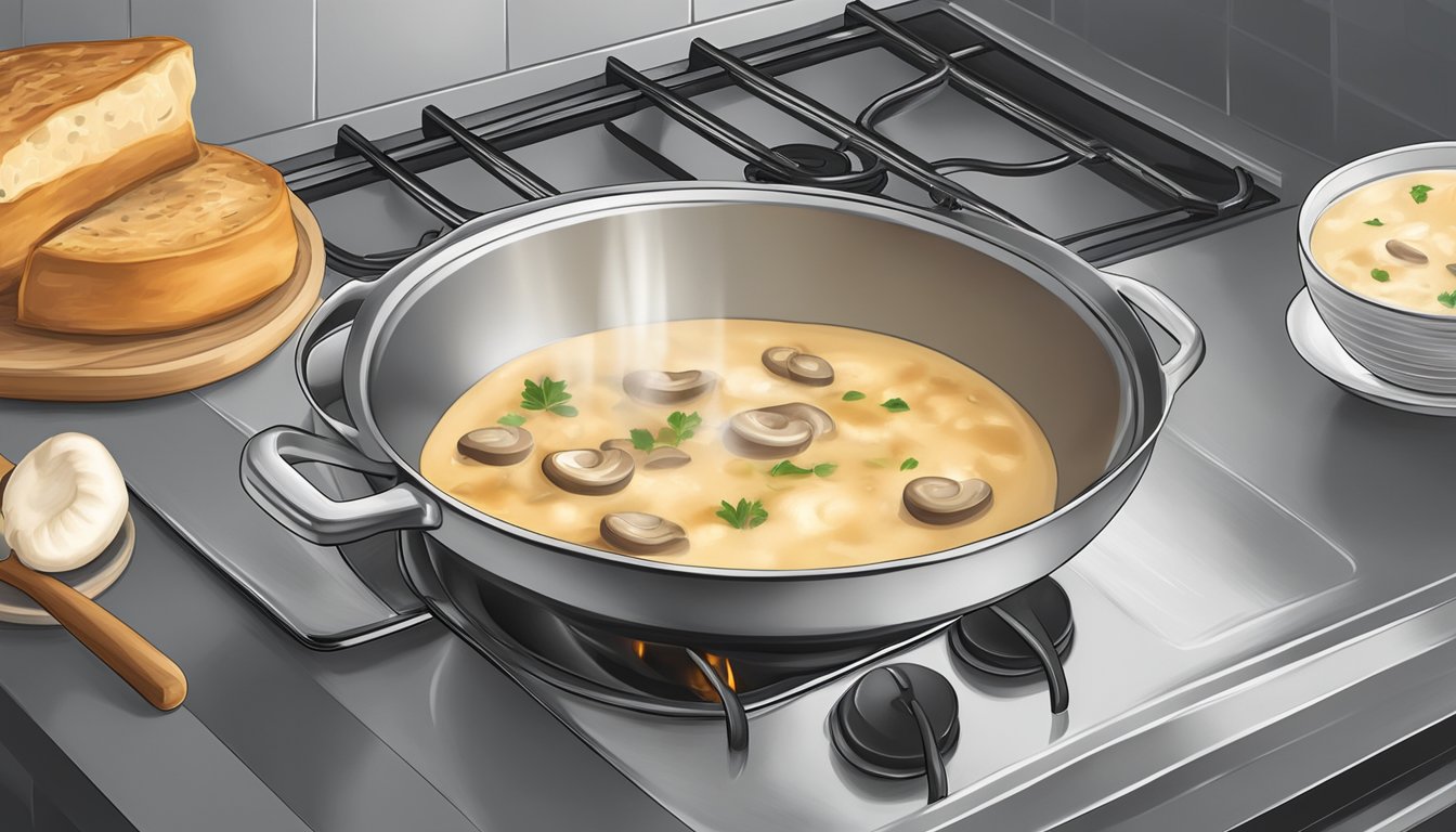 A pot of cream of mushroom soup being heated on a stovetop