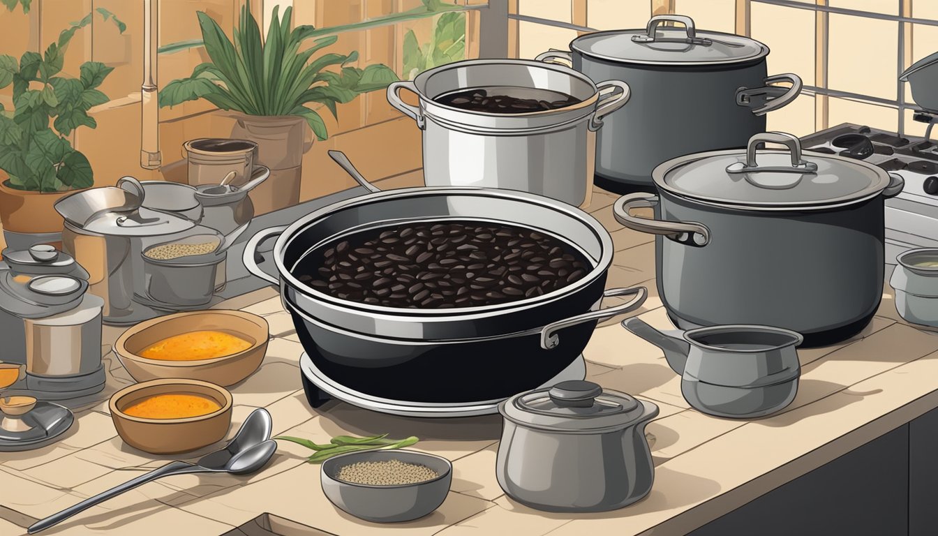 A steaming bowl of Cuban black bean soup sits on a stovetop, surrounded by pots and pans. The aroma of the soup fills the kitchen as it is being reheated