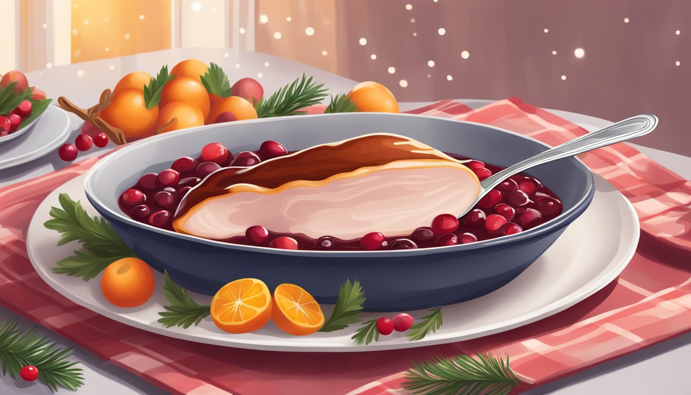 A spoon drizzling warm cranberry sauce over a slice of turkey on a festive plate