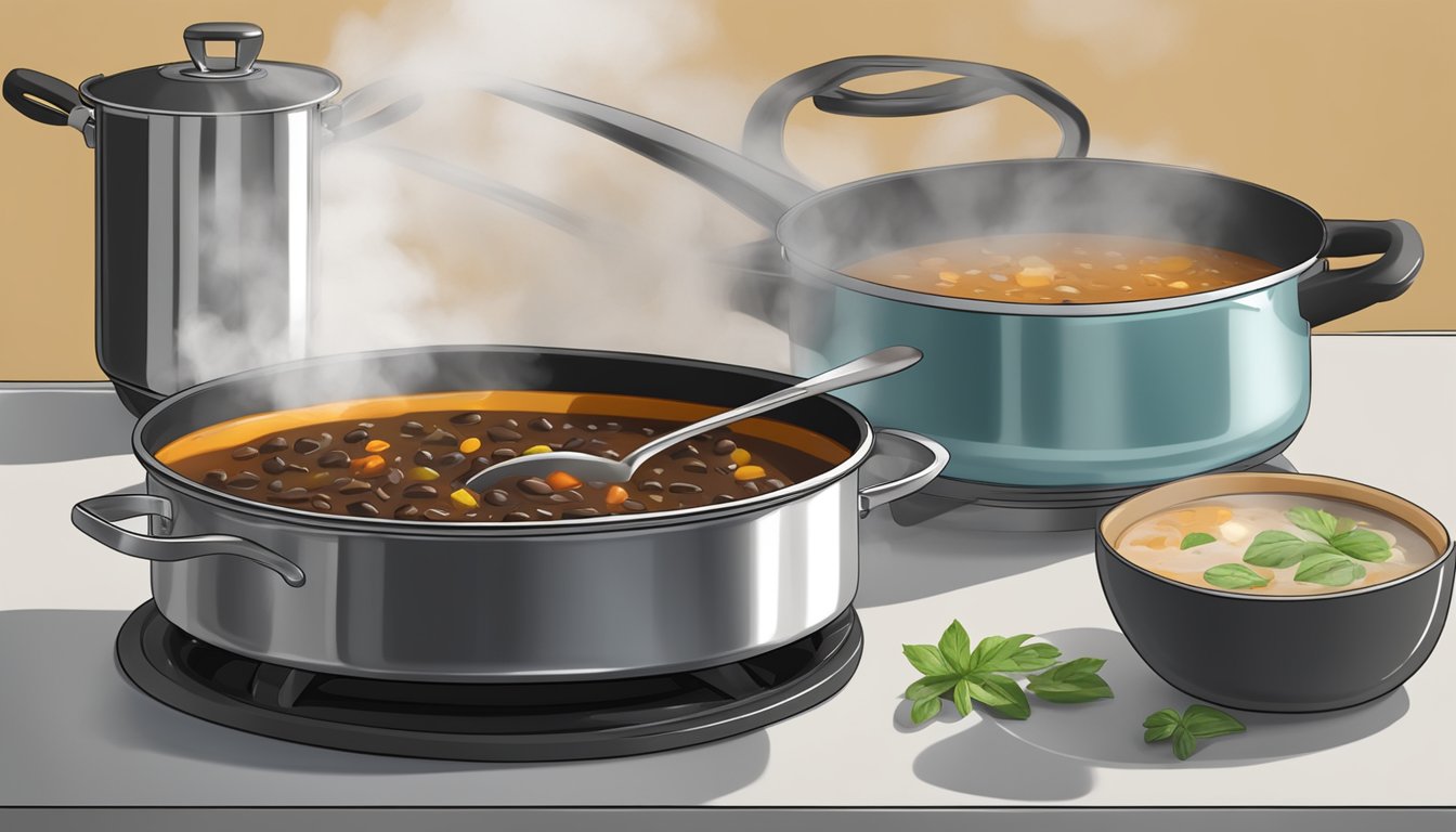 A pot of cuban black bean soup being reheated on a stovetop, with steam rising and a ladle resting on the side