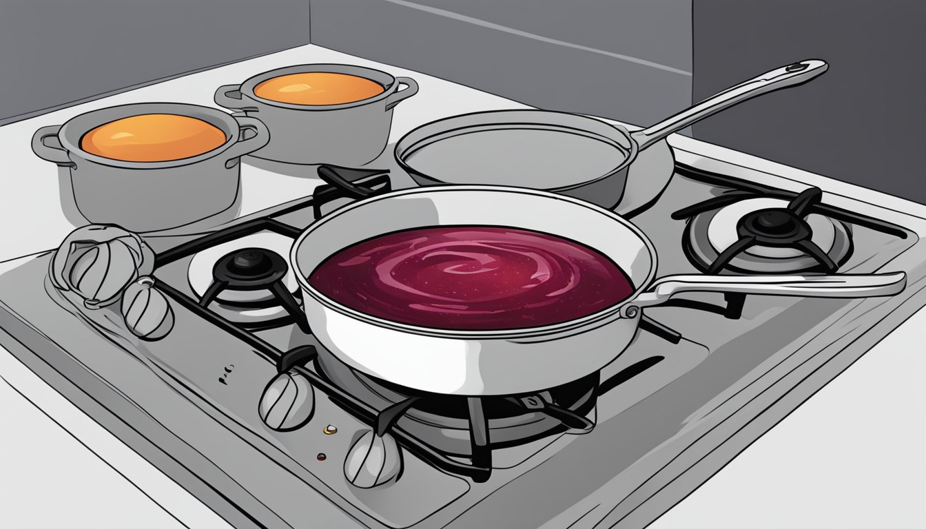 A dollop of cranberry sauce being gently reheated in a small saucepan over a low flame on a stovetop