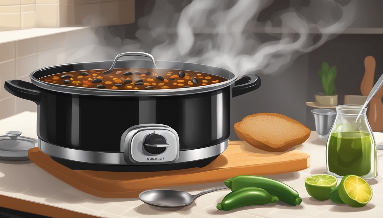 A pot of Cuban black bean soup simmering on a stovetop, steam rising and the rich aroma filling the kitchen