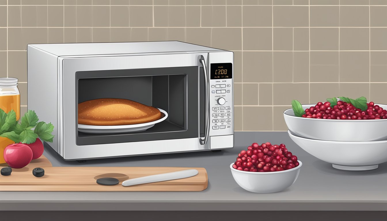 A microwave with a bowl of cranberry sauce covered with a microwave-safe lid, a digital food thermometer, and a timer set for reheating