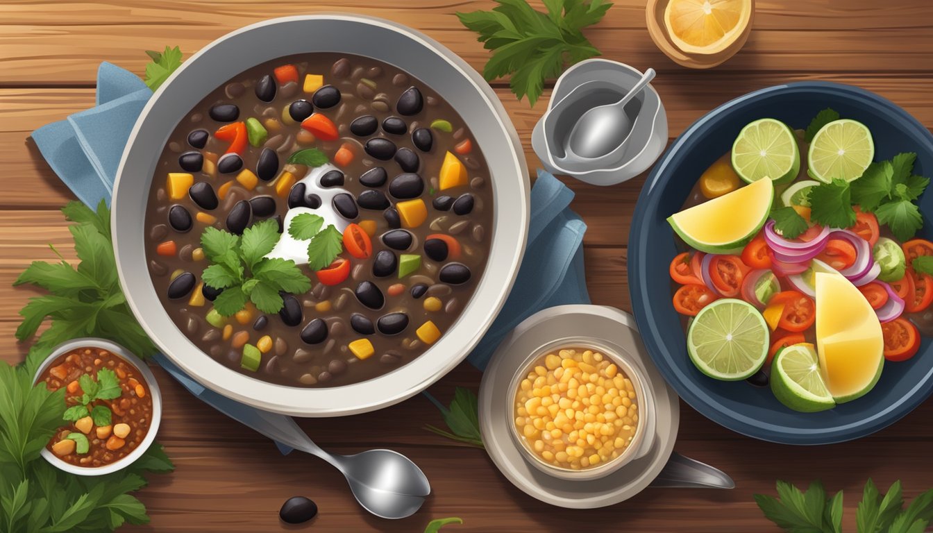 A steaming bowl of Cuban black bean soup surrounded by colorful garnishes and accompaniments on a rustic wooden table