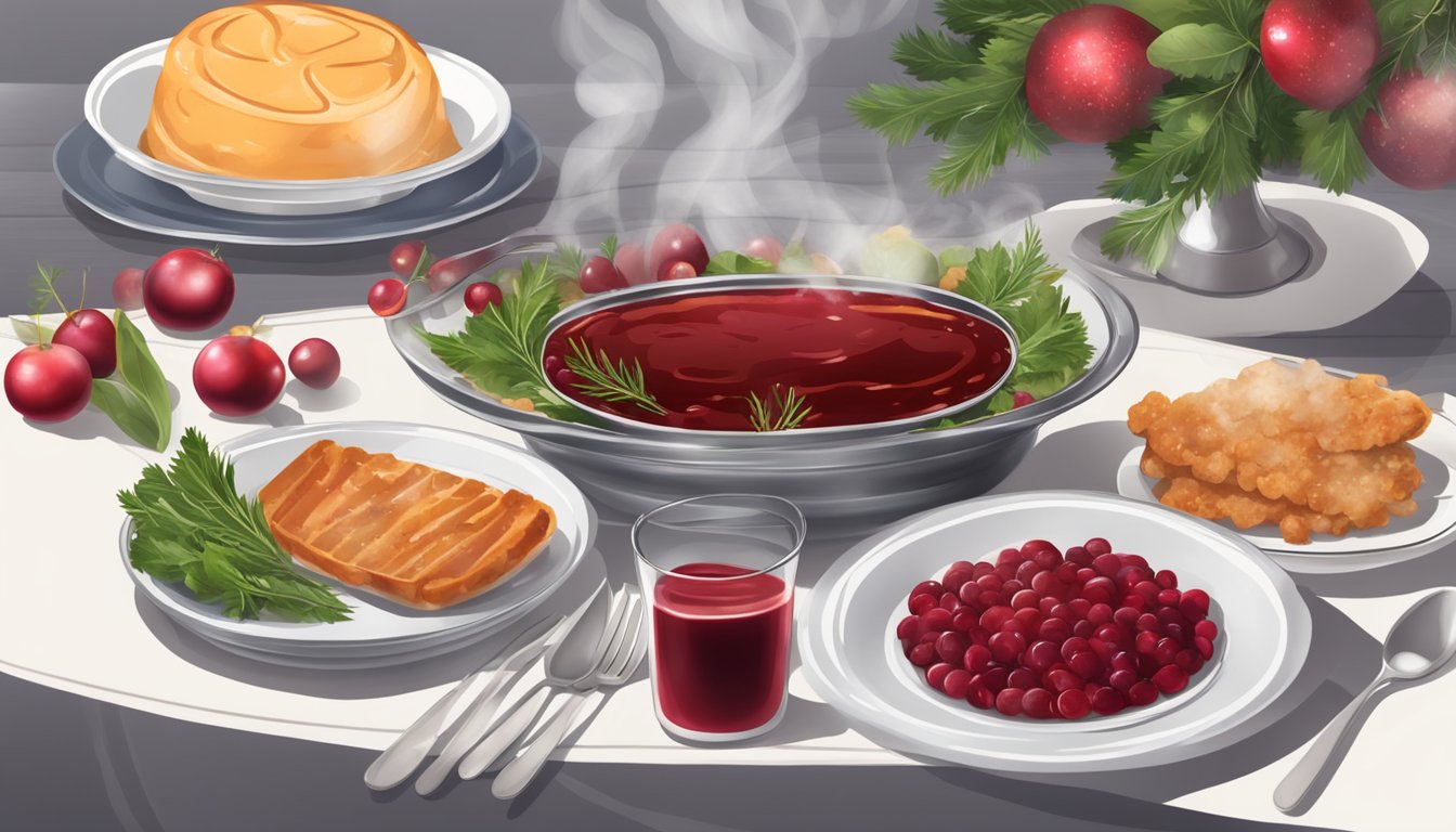 A festive table setting with a dish of cranberry sauce surrounded by complementary side dishes, with steam rising from the reheated sauce