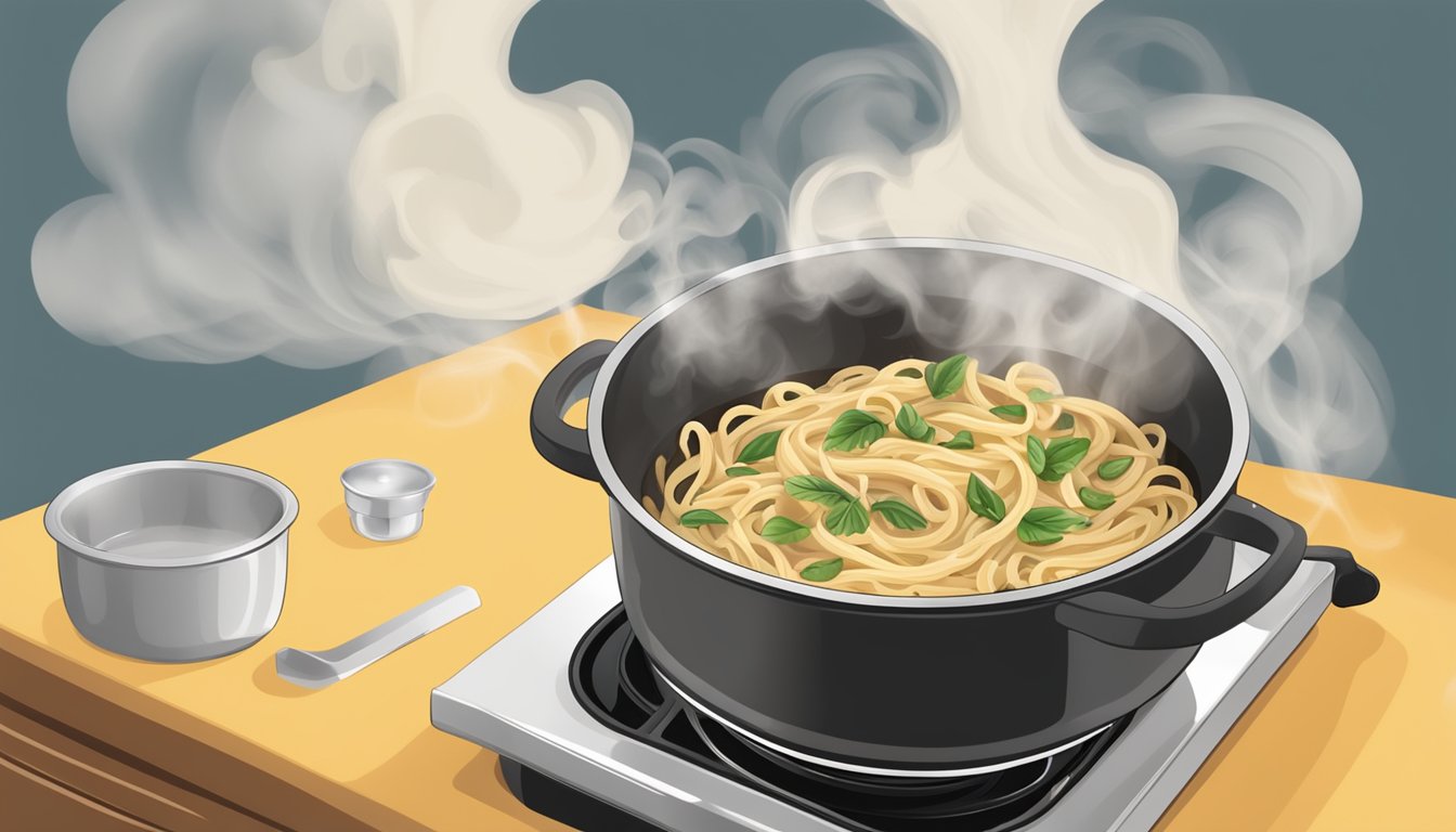 A pot of creamy mushroom pasta on a stovetop, with steam rising as it is being reheated