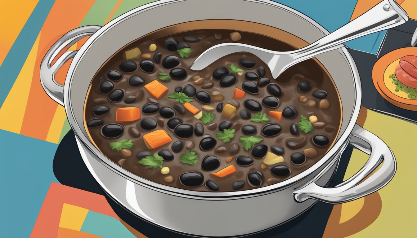 A pot of Cuban black bean soup simmers on a stovetop, steam rising as a ladle hovers above, ready to serve